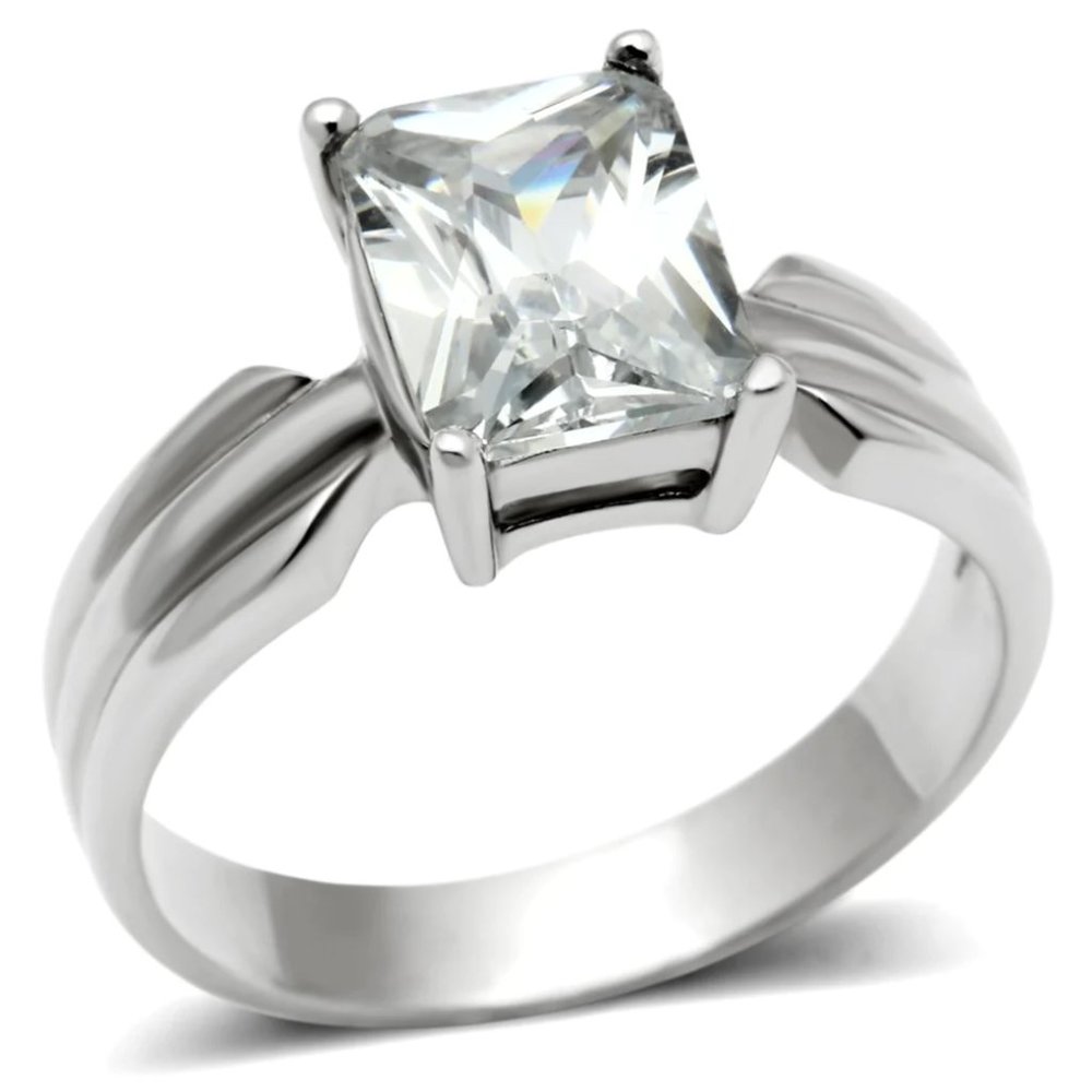 High polished (no plating) Stainless Steel Women Ring with AAA Grade CZ in Clear